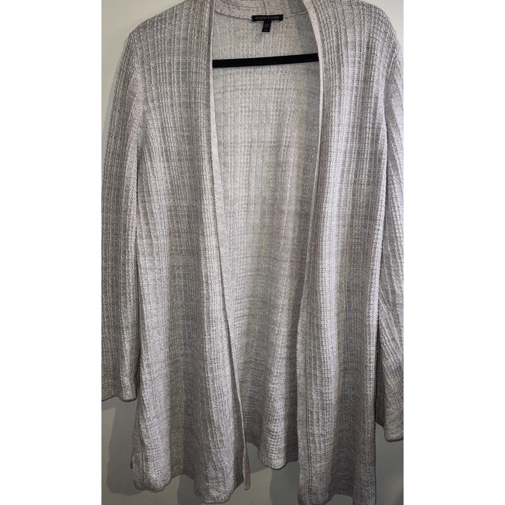 Eileen Fisher Womans Sz L Organic Linen Open Front Knit Cardigan Lagenlook